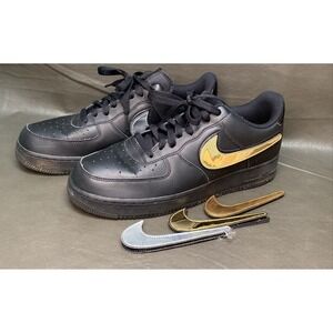Nike Air Force 1 '07 Mens Size 10.5 LV8 Low Removable Swoosh - Black Gold Silver